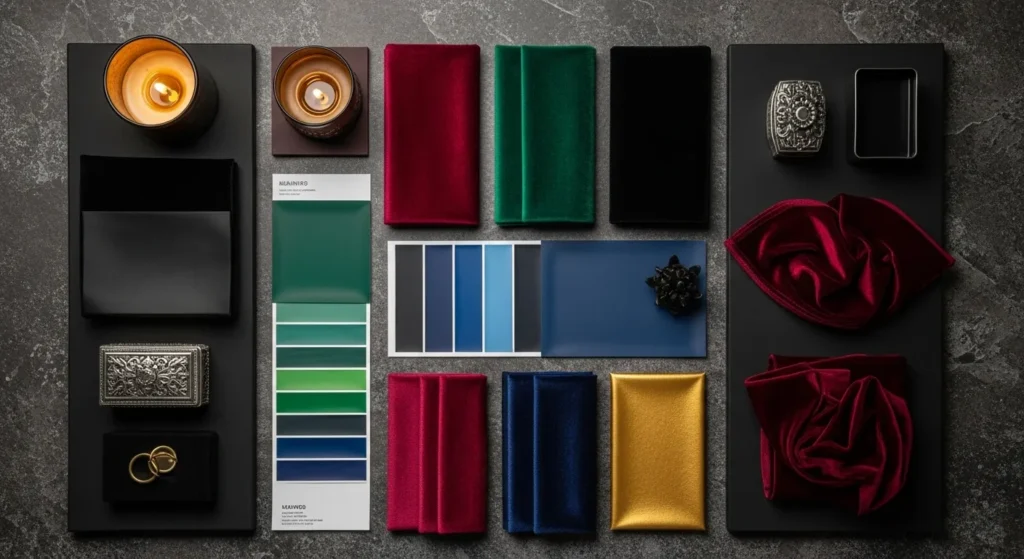 A rich modern gothic color palette flat lay